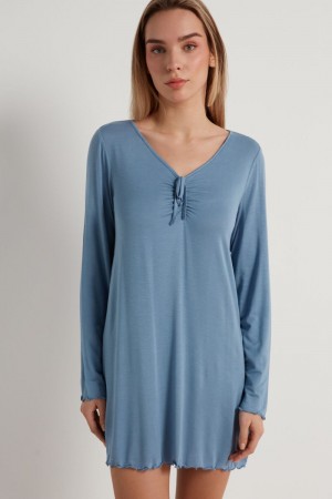 Dámské Noční Prádlo Tezenis Long-Sleeve Ruched Viscose Nightgown Blankyt | CZ-NV0916873