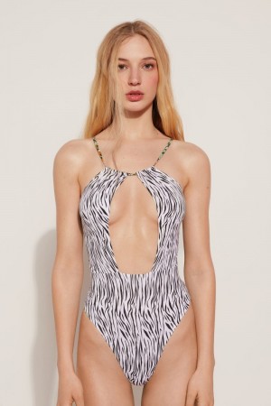 Dámské Plavky Tezenis Pretty Flower Zebra Plunging Neckline One-Piece Kytičkované | CZ-SB1369042