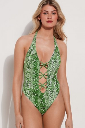 Dámské Plavky Tezenis Tropical Snake Deep-Neck Polstrovaný One-Piece Zelene Hadí Kůže | CZ-FR9267138