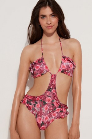 Dámské Plavky Tezenis Wild Roses Triangle One-Piece Růžové | CZ-AP1748052