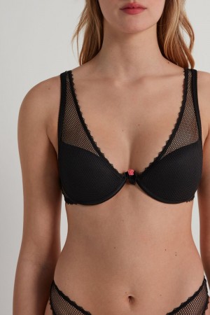 Dámské Podprsenky Tezenis Black Net V-Neck Push-Up Černé | CZ-SA5149802