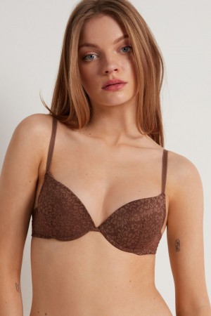 Dámské Podprsenky Tezenis Los Angeles Recycled Krajkové Super Push-Up Hnědé | CZ-FO1295073
