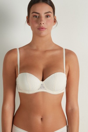 Dámské Podprsenky Tezenis Madrid Ultra Polstrovaný Microfiber and Recycled Krajkové Bandeau Bílé Bílé Krém | CZ-OY8024315
