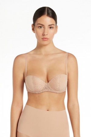 Dámské Podprsenky Tezenis Madrid Ultra Polstrovaný Microfiber and Recycled Krajkové Bandeau Béžový Béžový Růžové | CZ-IJ7158294