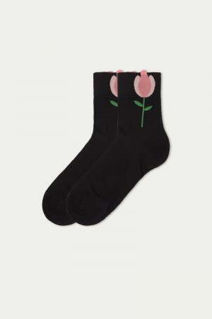 Dámské Ponožky Tezenis Patterned Bavlněné Crew Černé | CZ-WA3412806