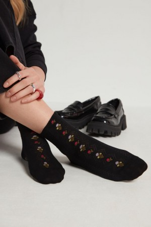 Dámské Ponožky Tezenis Patterned Bavlněné Crew Černé Černé Kytičkované | CZ-OA6384752
