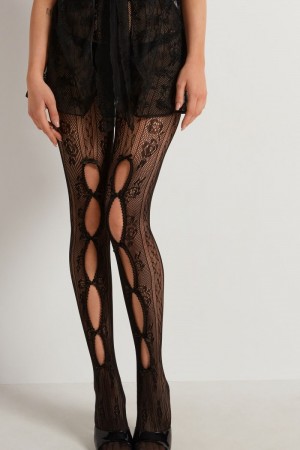 Dámské Punčochové Kalhoty Tezenis Small Fishnet with Krajkové Effect Pattern Černé | CZ-PN0835129