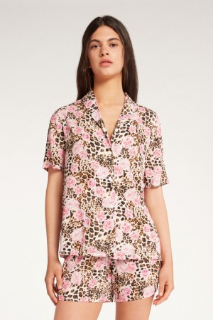 Dámské Pyžama Tezenis Button-Down Half-Sleeve Krátké Viscose Fabric Růžové | CZ-GD5792183