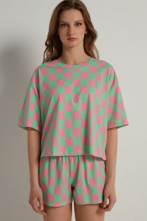 Dámské Pyžama Tezenis Checkerboard Print Krátké Bavlněné Zelene Světle Růžové | CZ-IU7291840