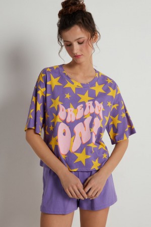 Dámské Pyžama Tezenis “Dream On” Print Krátké Bavlněné Fialové | CZ-FZ1560293