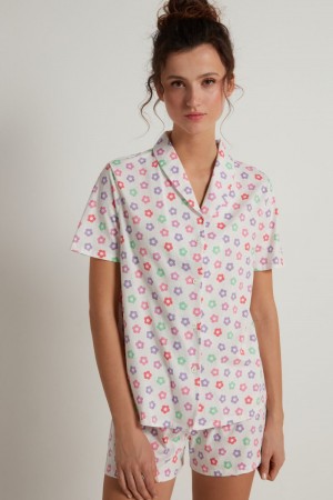 Dámské Pyžama Tezenis Floral Print Button Front Bavlněné Krátké Bílé | CZ-JG8490372