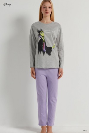 Dámské Pyžama Tezenis Full-Length Bavlněné with Disney Villains Maleficent Print Šedé | CZ-UP3519068
