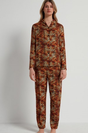 Dámské Pyžama Tezenis Full-Length Printed Viscose Fabric Button-Up Tiger Print | CZ-FA2310584