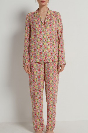 Dámské Pyžama Tezenis Full-Length Printed Viscose Fabric Button-Up Floral Wildflower Print | CZ-RE0824637