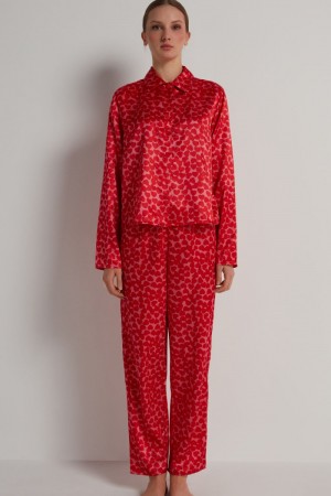 Dámské Pyžama Tezenis Full-Length Satin Button-Up with Heart Pattern Červené Světle Růžové | CZ-TM4670839