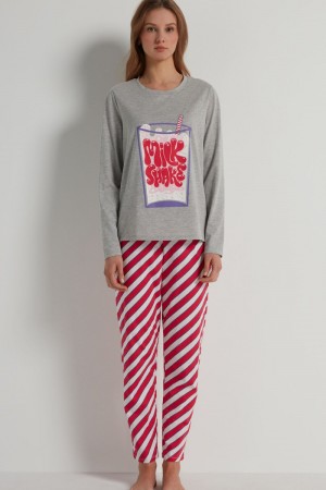 Dámské Pyžama Tezenis Full Length Bavlněné “Milk Shake” Print Šedé | CZ-HX7821305