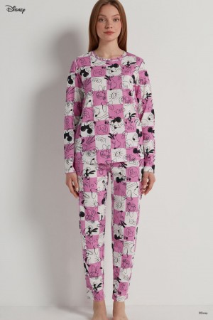 Dámské Pyžama Tezenis Full Length Mickey Mouse Disney Checkered Bavlněné Růžové Fialové Růžové | CZ-DO3704926