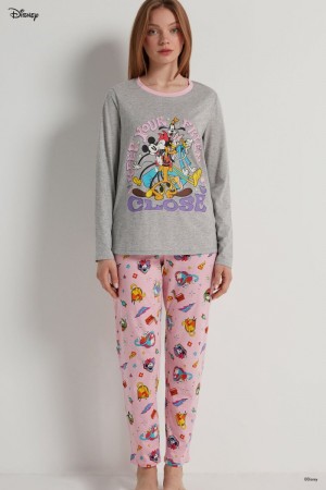Dámské Pyžama Tezenis Full Length Mickey Mouse Disney Pop Bavlněné Šedé | CZ-FC9763021