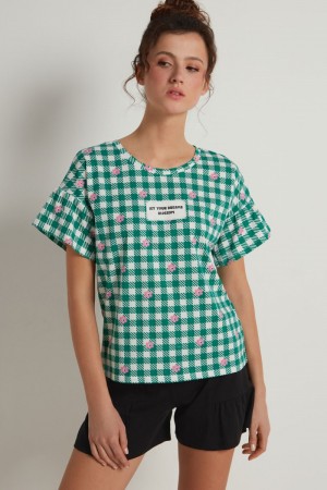 Dámské Pyžama Tezenis Gingham Krátké Bavlněné Zelene Bílé | CZ-KY7869514