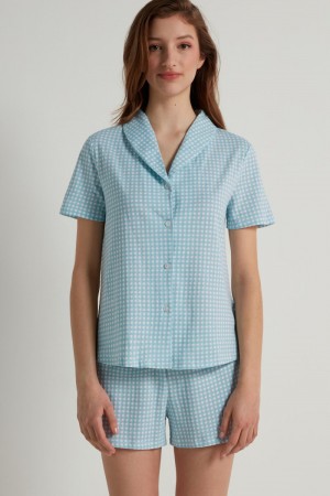 Dámské Pyžama Tezenis Gingham Print Button Front Bavlněné Krátké Blankyt | CZ-JL1392076