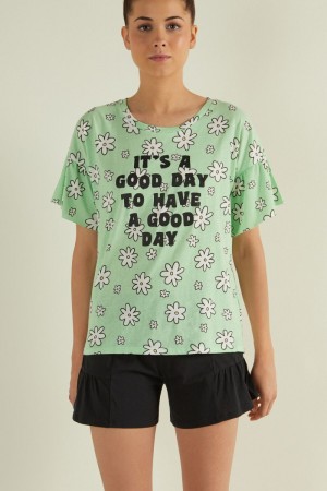 Dámské Pyžama Tezenis Good Day Print Half Sleeve Krátké Černé Zelene | CZ-VI6851047