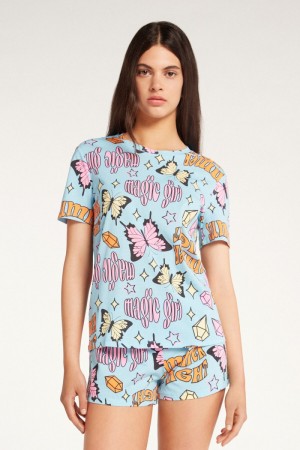 Dámské Pyžama Tezenis Half-Sleeve Butterfly Print Bavlněné Krátké Světle Blankyt | CZ-YC5081247
