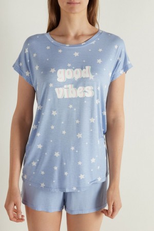 Dámské Pyžama Tezenis Half Sleeve Good Vibes Viscose Krátké Světle Blankyt | CZ-VH8327619