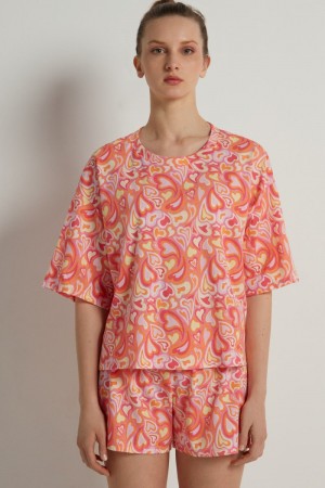 Dámské Pyžama Tezenis Hearts Print Krátké Bavlněné Růžové | CZ-BY6527890