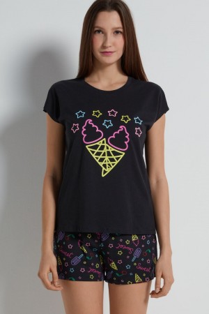 Dámské Pyžama Tezenis Ice Cream Print Krátké Bavlněné Černé Černé Krém | CZ-RD5071964