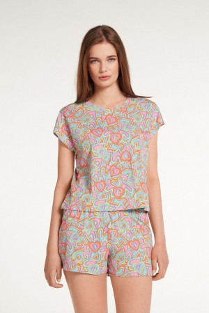 Dámské Pyžama Tezenis Krátké Bavlněné Kimono with Heart Print Viacfarebný | CZ-SI1268935