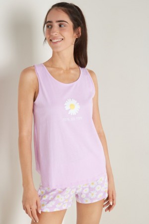 Dámské Pyžama Tezenis Krátké Bavlněné with “Loves-Loves-Me-Not” print Růžové Fialové | CZ-QZ7965834