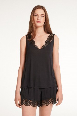 Dámské Pyžama Tezenis Krátké Bez Rukávů in Viscose and Krajkové Černé | CZ-DP7036841
