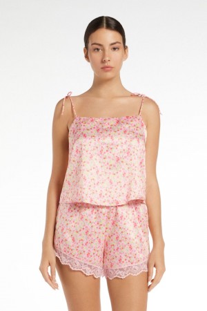 Dámské Pyžama Tezenis Krátké Satin and Krajkové with Thin Straps Kytičkované | CZ-TL3640978