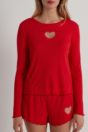 Dámské Pyžama Tezenis Long-Sleeve Žebrovaný Heart with Červené | CZ-KU8047361