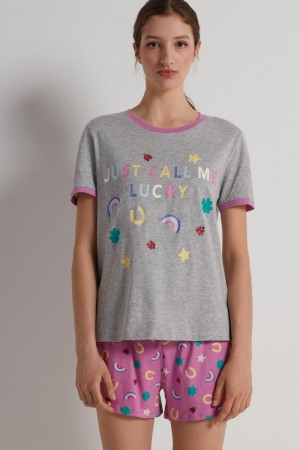 Dámské Pyžama Tezenis “Lucky” Print Crew Neck Bavlněné Krátké Šedé | CZ-QC0672583