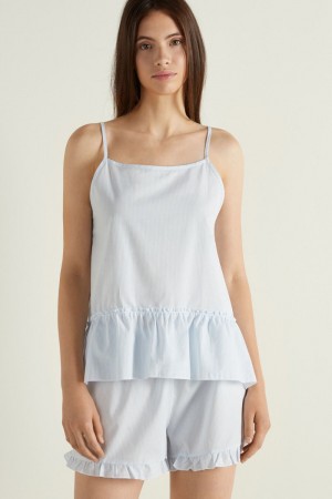 Dámské Pyžama Tezenis Pruhovaný Bavlněné Cloth Krátké Béžový Světle Blankyt Bílé Proužek | CZ-DX4295601