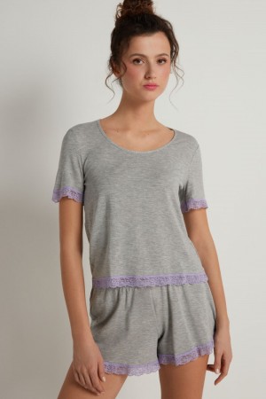 Dámské Pyžama Tezenis Viscose and Krajkové Krátké Šedé Fialové | CZ-CE5426180