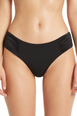 Dámské Spodní Díl Bikin Tezenis High-Waisted Bikiny Briefs in Plain Hues with Side Shirring Černé | CZ-XW8179632