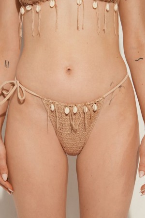 Dámské Spodní Díl Bikin Tezenis Seashell Crochet String Brazilian Béžový Béžový Hnědé | CZ-BS7362985