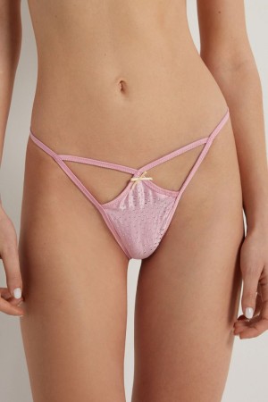 Dámské Spodní Prádlo Tezenis Creamy Satin String Tanga with Rhinestones Růžové | CZ-EA0169245