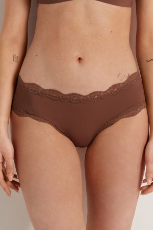 Dámské Spodní Prádlo Tezenis Krajkové and Microfiber Cheeky Hipster Hnědé | CZ-RA7246031