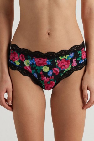 Dámské Spodní Prádlo Tezenis Printed Microfiber and Krajkové Hipsterzilian Černé | CZ-IP2473501