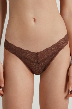 Dámské Spodní Prádlo Tezenis Recycled Krajkové High-Cut Tanga Hnědé | CZ-YO4936180