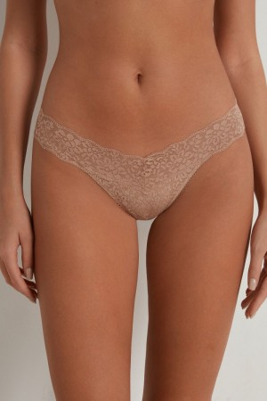 Dámské Spodní Prádlo Tezenis Recycled Krajkové High-Cut Tanga Béžový Béžový Růžové | CZ-YA0697312