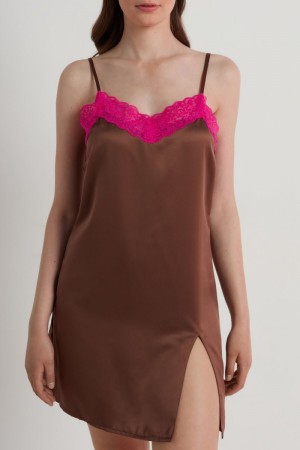Dámské Spodní Prádlo Tezenis Vented Satin and Krajkové Slip Hnědé Fuchsie | CZ-LC7958310