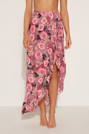 Dámské Sukně Tezenis Long Viscose Fabric with Ruffle and Slit Růžové Růžové | CZ-LG2716358