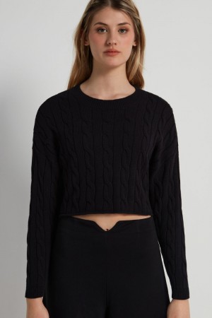 Dámské Svetry Tezenis Cropped Long-Sleeve Cable Knit in Fully-Fashioned Bavlněné Černé | CZ-WG1074625