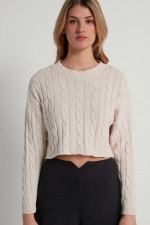 Dámské Svetry Tezenis Cropped Long-Sleeve Cable Knit in Fully-Fashioned Bavlněné Bílé Béžový | CZ-CF1283795
