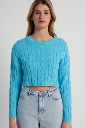 Dámské Svetry Tezenis Cropped Long-Sleeve Cable Knit in Fully-Fashioned Bavlněné Světle Blankyt | CZ-WB7580462