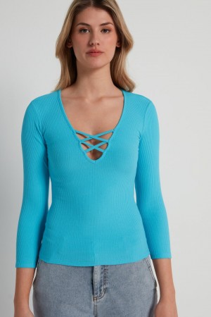 Dámské Svetry Tezenis Long-Sleeve Žebrovaný V-Neck with Criss-Cross Detail Světle Blankyt | CZ-FB7461530